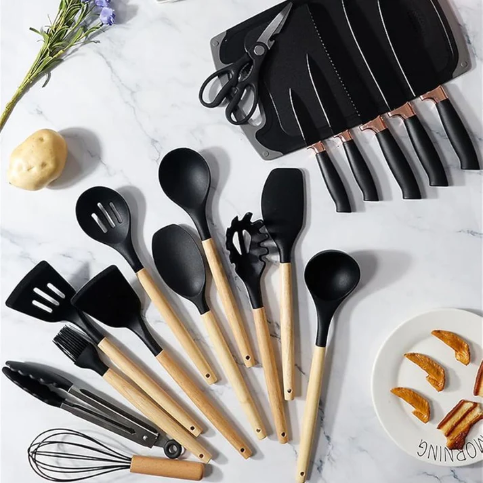 Spoon Set with Knife & Cutting Board – Silicone Kitchenware - 19 PCS