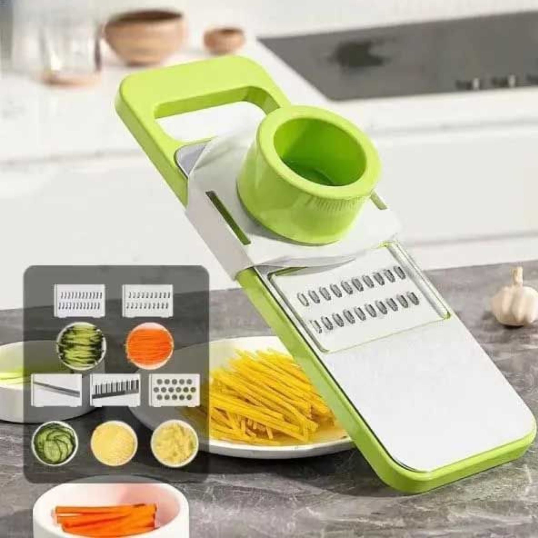 5-in-1 multifunctional vegetable chopper featuring stainless steel blades for chopping, slicing, grating, and julienne cutting.