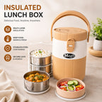 Mega Lunch Carrier With 3-Stainless Steel Bowls & Plastic Salad Bowl ( Random Colors )