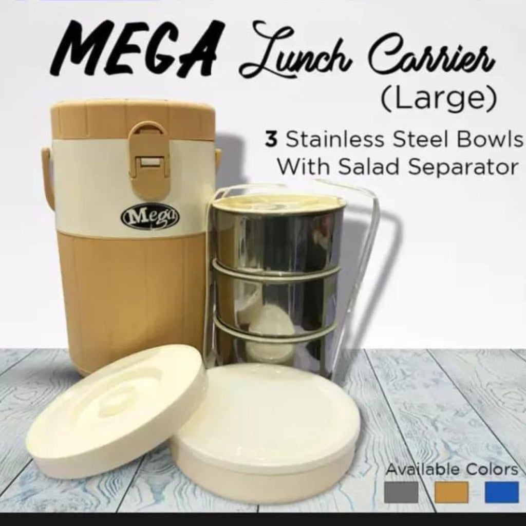Mega Lunch Carrier With 3-Stainless Steel Bowls & Plastic Salad Bowl ( Random Colors )