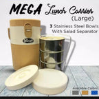 Mega Lunch Carrier With 3-Stainless Steel Bowls & Plastic Salad Bowl ( Random Colors )