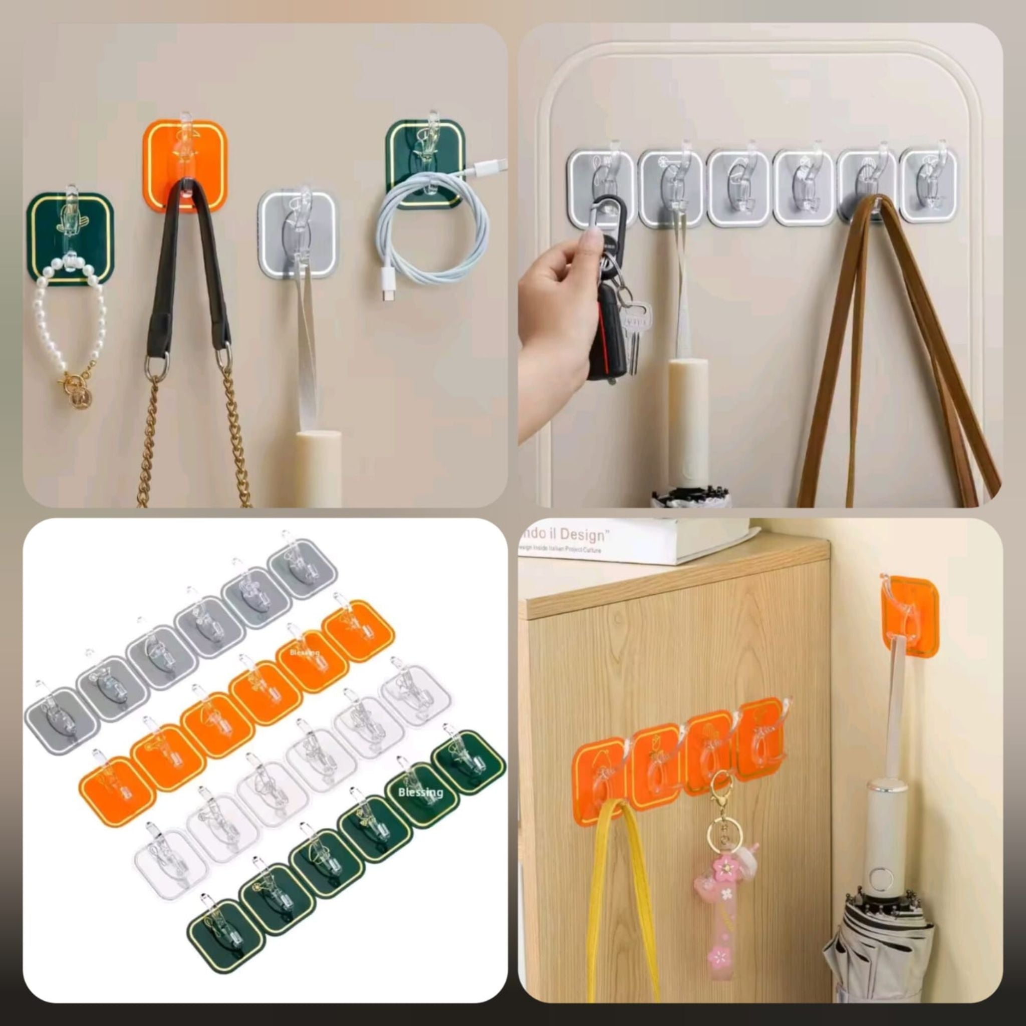 Self Adhesive Wall Hook Rack – 6 Hooks Modern Stripe Design – No Drill Multipurpose
